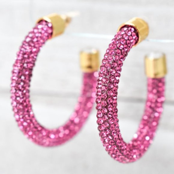 1.75" Boho Fuchsia Pave Rhinestones Hoop Earrings - Picture 2 of 12